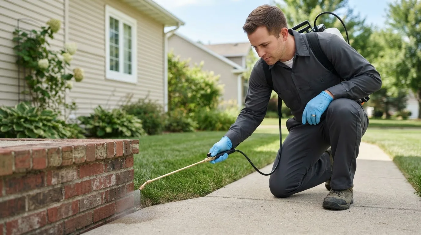 Pest control technician treating a home near Okemah, OK