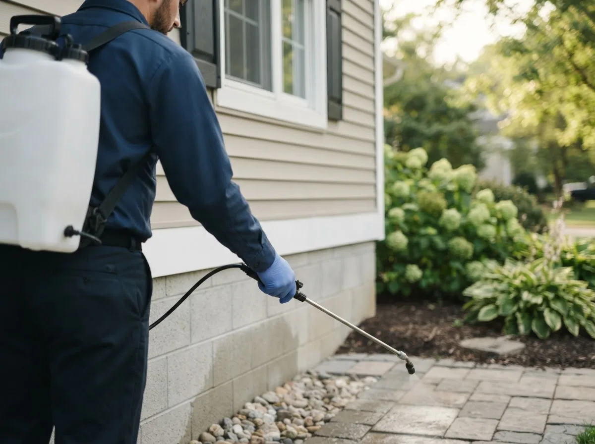 Pest control technician inspecting a home in Okemah, OK